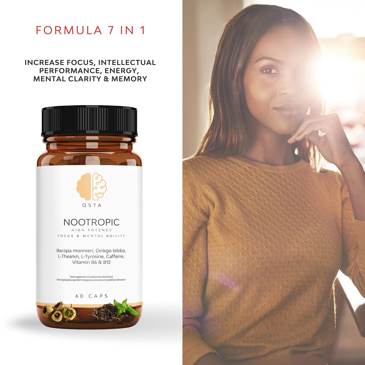 Nootropic Focus, Very High Potency Daily Cognitive Enhancer for Increasing Energy, Focus, Brain Function, Mental Alertness & Memory, Bacopa monnieri, Ginkgo, Tyrosine, Theanine, Caffeine, B6 & B12