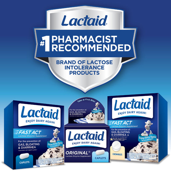 Lactaid Original Strength Lactose Intolerance Relief Caplets with Natural Lactase Enzyme, Dietary Supplement to Help Prevent Gas, Bloating & Diarrhea Due to Lactose Sensitivity, 120 ct