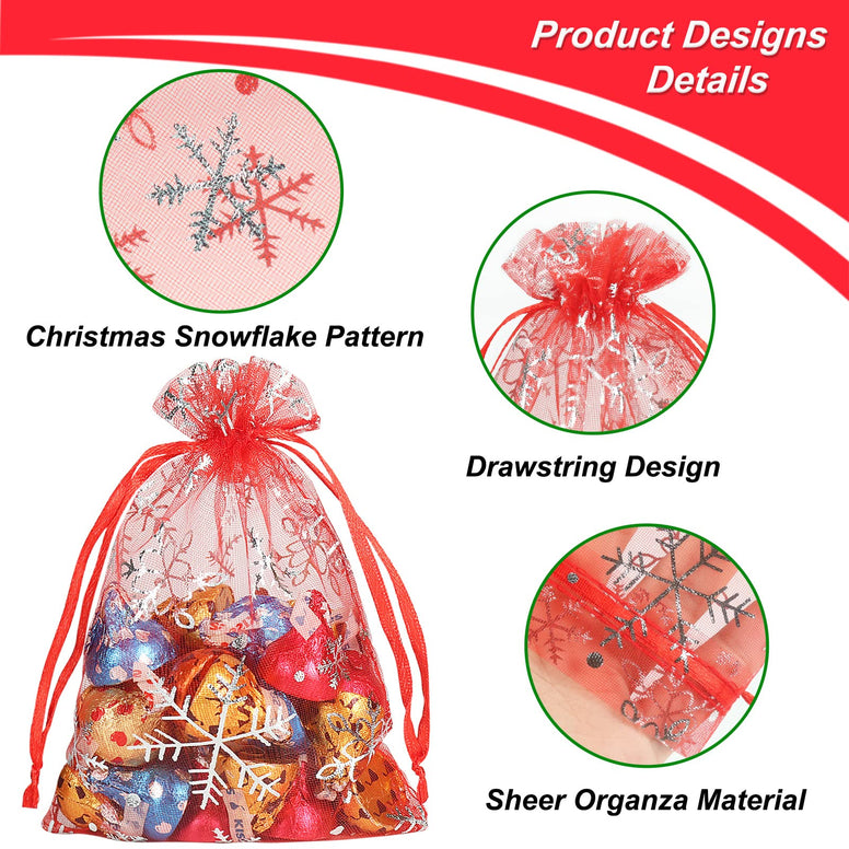 HRX Package 100pcs Snowflake Organza Bags, 10x15cm Christmas Red Drawstring Mesh Gift Pouches for Jewellery Candy Wedding Party Favors