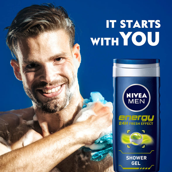 NIVEA MEN 3in1 Shower Gel Body Wash, Energy 24h Fresh Masculine Scent, 250ml