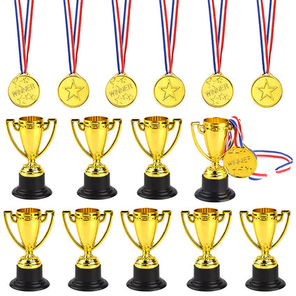 FEPITO 30 x Trophy Medals Set 10 x Gold Plastic Trophy and 20 x Winner Medals for Kid Party Sports Awards