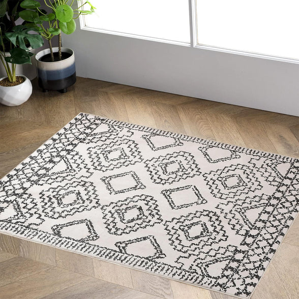 Leesentec Moroccan Area Rugs Living Room Rugs Modern Abstract Rug Geometric Carpet Non-slip Short Pile Rug Large Rugs for Living Room Soft Bedroom Area Rug (Ivory/Black, 80 x 120 cm)