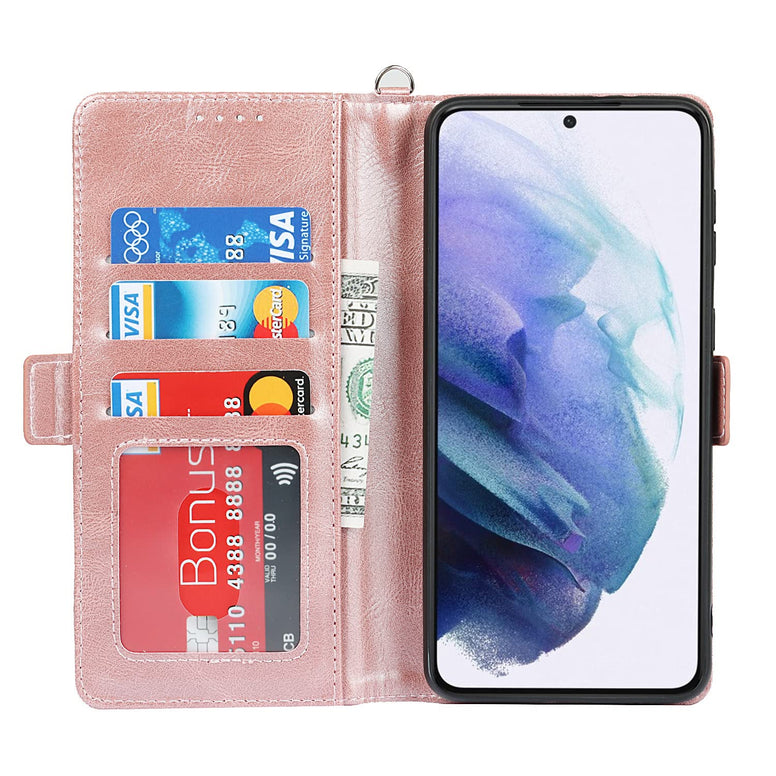 iCoverCase for Samsung Galaxy S21 Plus Case, PU Leather Wallet Case with Wrist Strap Card Holder Shockproof Flip Cover Case - Rose Gold