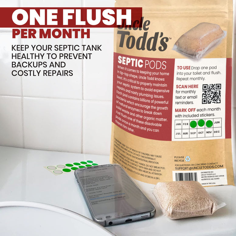 Uncle Todd's Septic Pods - Septic Tank Treament - 12 Count One Year Supply - One Flush per Month - Eco-Friendly and Powerful Solution for Septic Systems