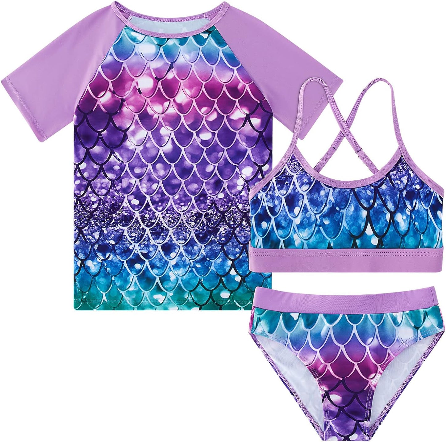 Vogseek Rash Guard Swimwear Girls 3-Piece Short Sleeve Swimsuit Kids Bathing Suit UPF 50+ Quick Dry Bikini Girls 7T-13T