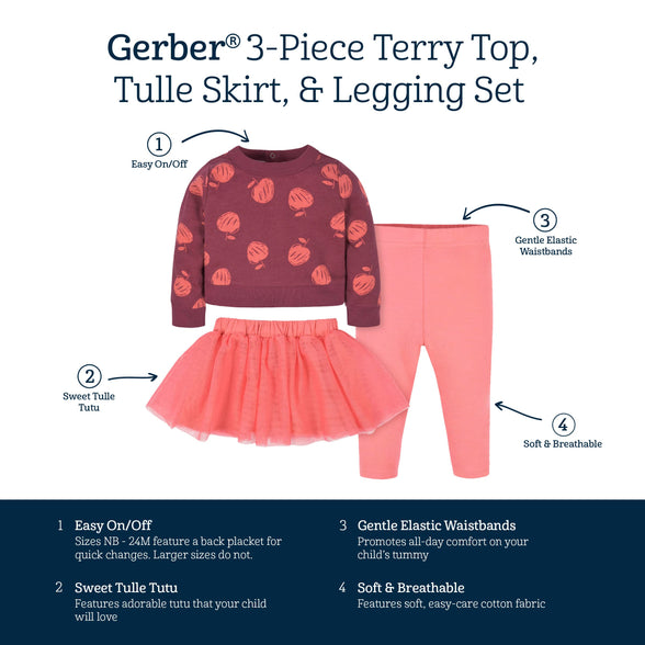 Gerber baby-girls Toddler 3-piece French Terry Top, Tulle Tutu, & Legging Set Top, Skirt, & Legging Set (pack of 3), for 0-3 Months