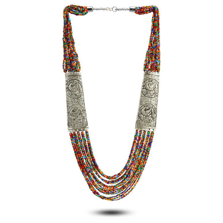 YouBella Stylish Design Afghani Tribal Beads Jewellery Silver Plated Multi Strand for Women (Multi-colour) (YBNK_5749)