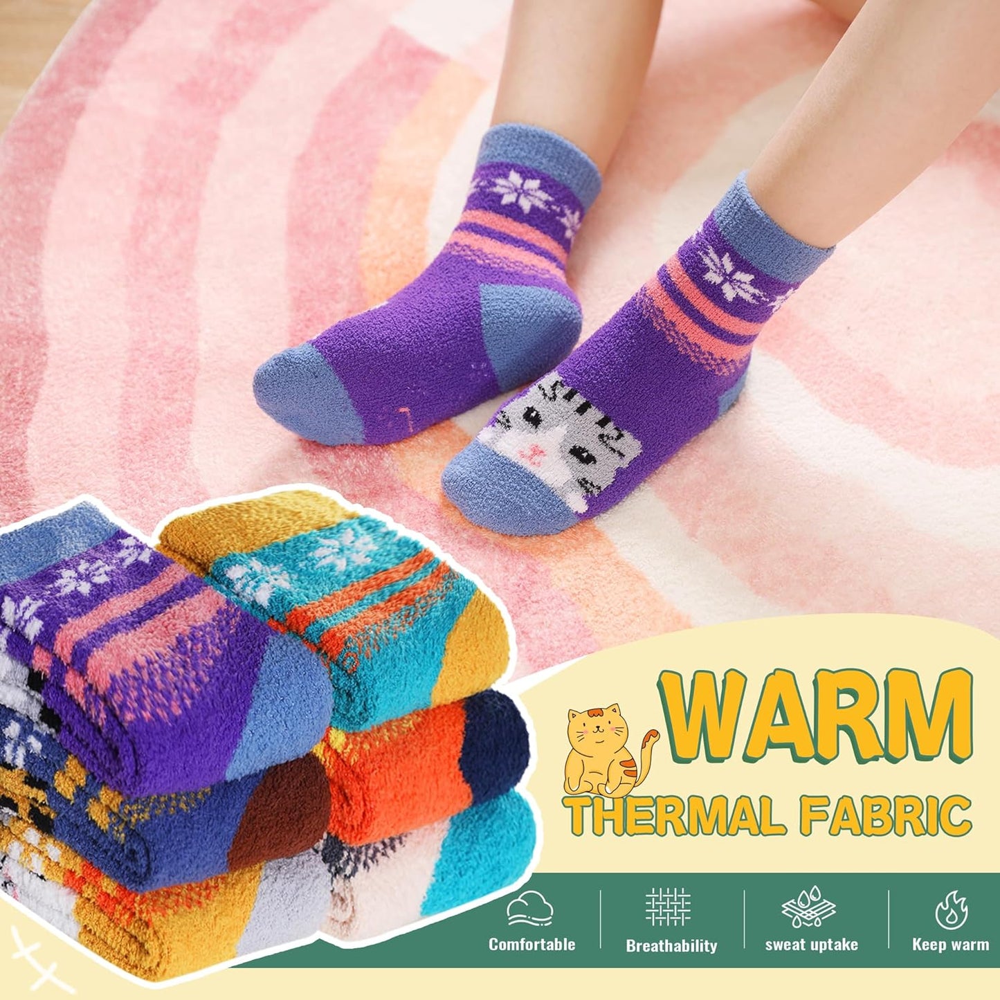 Kids Fuzzy Slipper Grip Socks Boys Girls Non Slip Winter Thick Fluffy Warm Soft Plush Thermal Crew Socks 6 Pairs