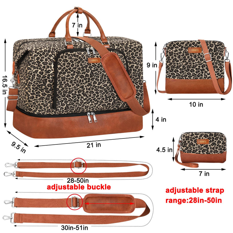 Travel Weekender Bag for Women Overnight Bag with Shoe Compartment Oversized Travel Duffel Bag Carry On Tote with Trolley Sleeve 21" for Weekend Travel Business Trip, E-Brown Leopard 3pcs, Large