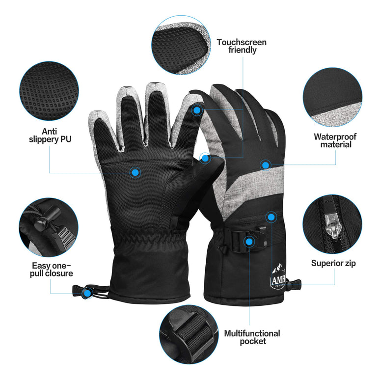 AMH Ski & Snowboard Men & Women Gloves Winter Warm 3M Thinsulate Waterproof Cold Weather Gloves