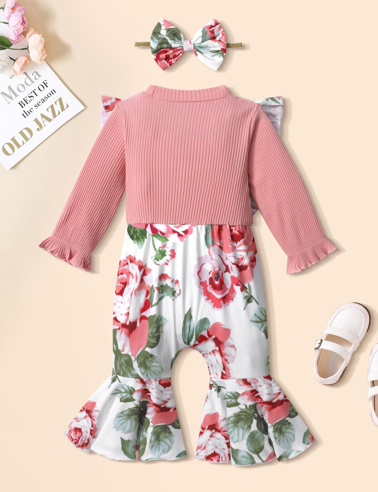 Qaoerde Baby Girl Clothes Long-Sleeved Suspenders Flared Baby Girl Coming Home Outfit Newborn Baby Girl Jumpsuit Romper(3-6 M)