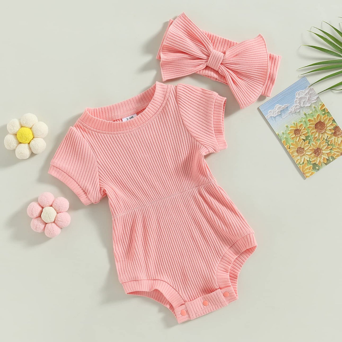 KtwHarnu Newborn Baby Girl Clothes Solid Ribbed Short Sleeve Romper Jumpsuit Bodysuit with Headband Summer Outfit(3-6 M)