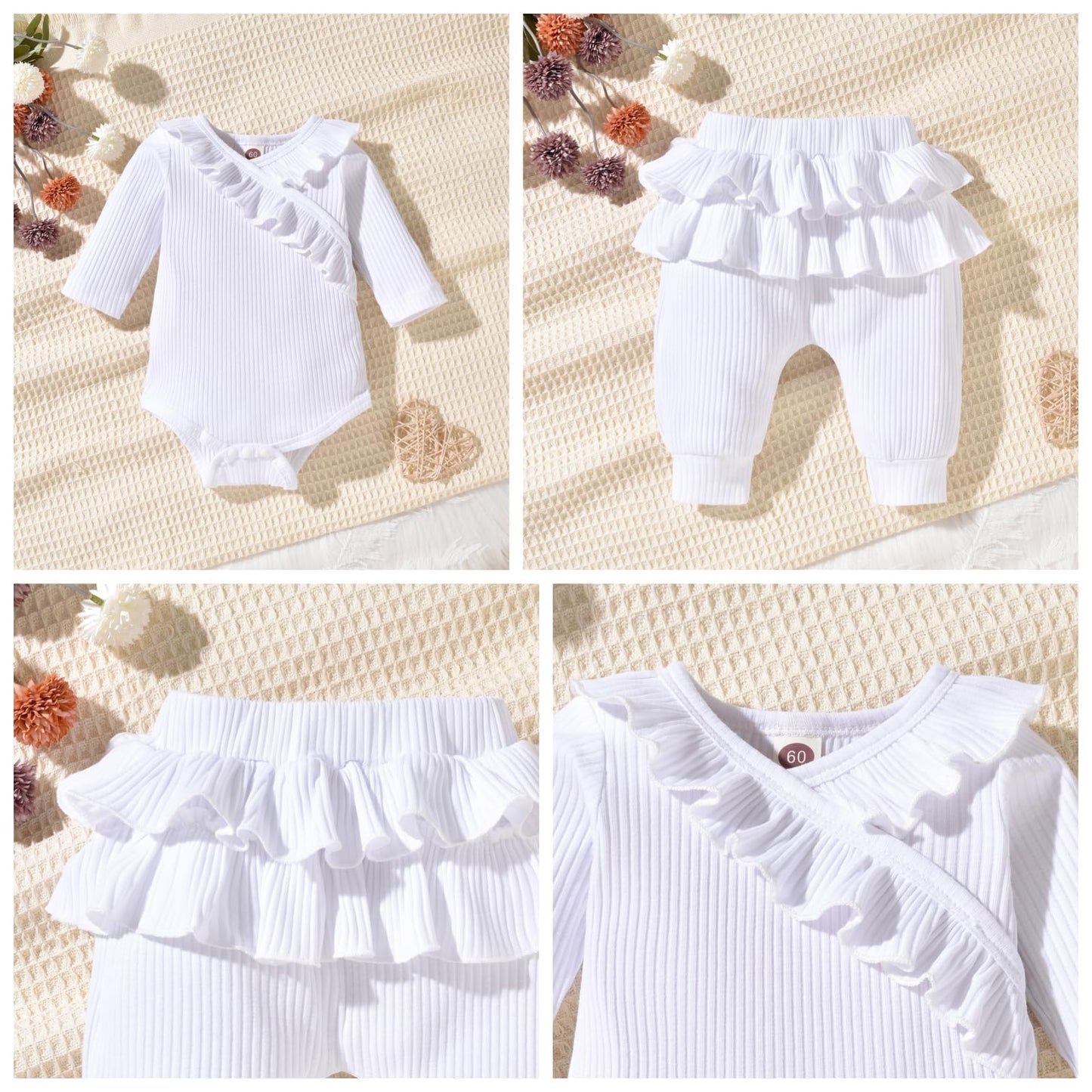 fioukiay Preemie Newborn Baby Girl Clothes Infant Girl Solid Ribbed Outfits Ruffle Romper and Pants 3PC Clothing Sets 3-6 Months