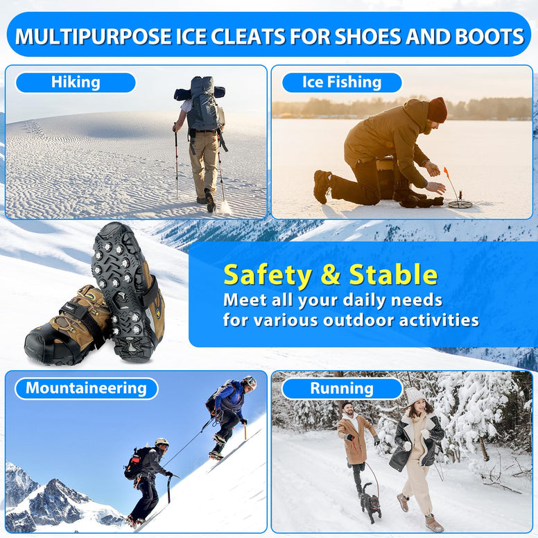 SYOURSELF Ice Cleats, Crampons Ice Cleats for Shoes and Boots Women Men Kids, Non Slip Grippers Spikes for Shoes with Straps, Ice Traction Cleats for Snow and Ice, Hiking, Walking, Fishing, Climbing