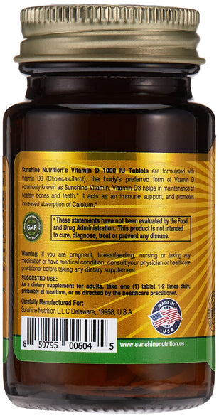 SUNSHINE NUTRITION Vitamin D 1000 Iu, 100 Tablets