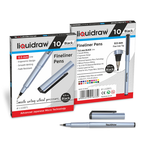 Liquidraw 10 Black Fineliner Pens Set Fine Point Pens 0.5mm Fineliners Black Coloured Pens For Artists, Architects, Technical Drawing, Handwriting, Calligraphy, Sketching, & Illustrations