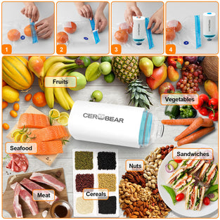CEROBEAR Portable Food Vacuum Sealer Machine with 10Pcs BPA-Free Reusable Sous Vide Bags Rechargeable Mini Handheld Food Storage for Preservation Cooking