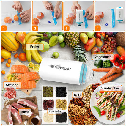 CEROBEAR Portable Food Vacuum Sealer Machine with 10Pcs BPA-Free Reusable Sous Vide Bags Rechargeable Mini Handheld Food Storage for Preservation Cooking