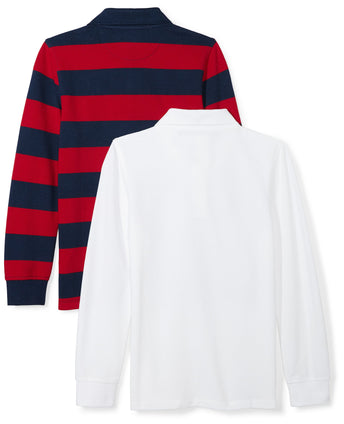 Boys' Uniform Long-Sleeve Pique Polo Shirt, Pack of 2, Red/Navy/White, Rugby/Stripe, Small