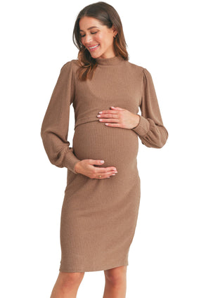 Womens Long Sleeve Mock Neck Ribbed Maternity Nursing Dress