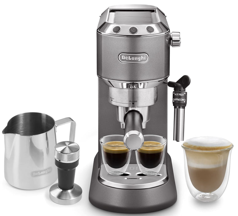 De'Longhi DEDICA METALLICS Coffee Machine Barista Pump Manual Espresso Maker with Milk Frother and Kit (Frothing Jug + Tamper) for Americano, Cappuccino, Latte, Macchiato EC785.GY Grey