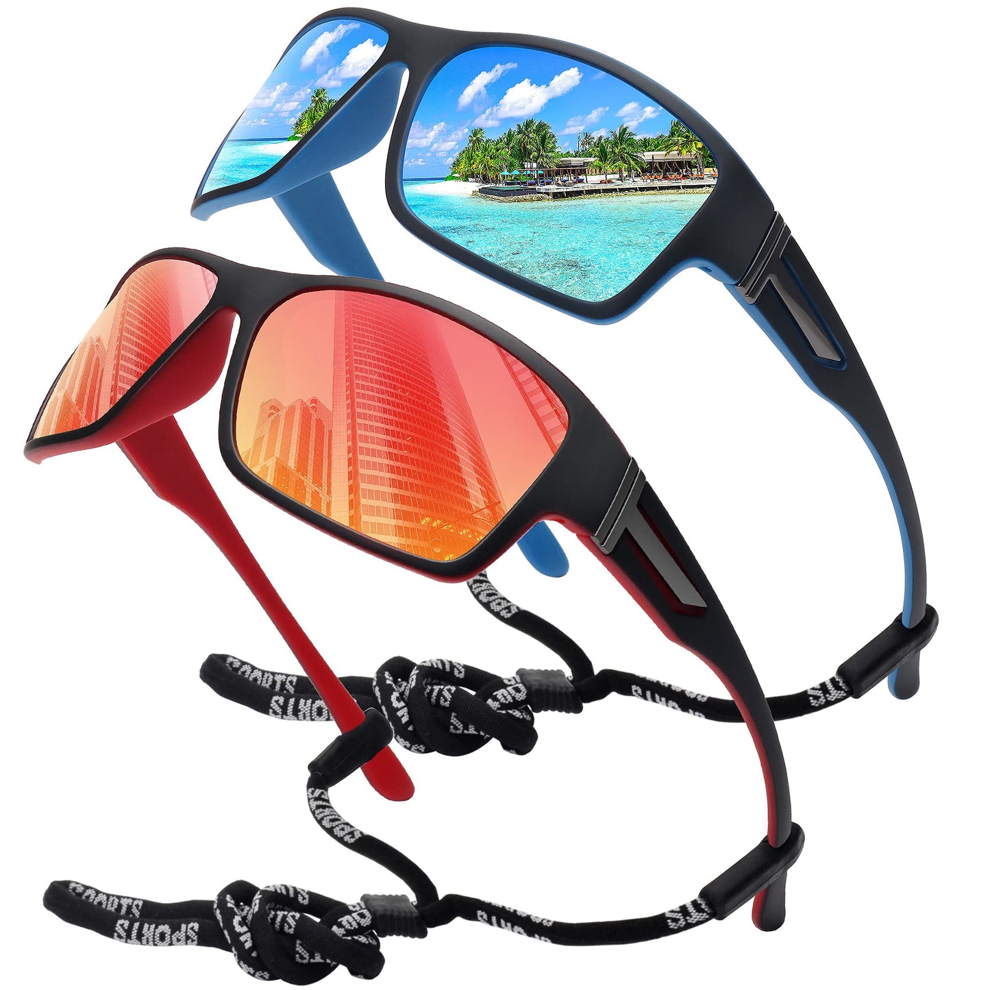 STORYCOAST Polarized Sports Sunglasses for Men Women Unbreakable Frame Cycling Fishing Driving, 2pack Blue Mirror+red Mirror