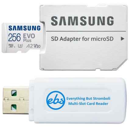 Samsung 256GB Micro SDXC EVO Plus Memory Card with Adapter Works with Samsung A73 5G, A23, A23 5G, XCover 6 Pro Phone (MB-MC256) C10 U1 A2 Bundle with 1 Everything But Stromboli SD, TF Card Reader