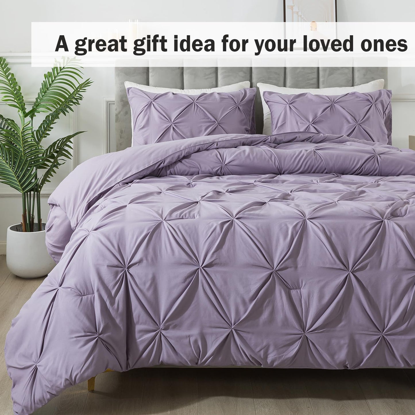 Andency Grayish Purple Pinch Pleated Comforter Queen(90x90Inch), 3 Pieces Pintuck Soft Microfiber Down Alternative Lightweight Comforter Bedding Set(1 Pintuck Comforter and 2 Pillowcases)