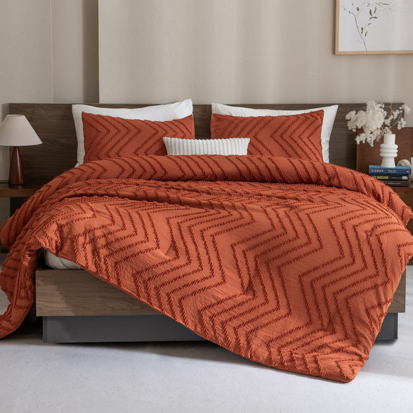 Andency Burnt Orange Comforter for Queen Size Bed, 3 Pieces Terracotta Boho Fall Chevron Bedding Comforter Set (1 Tufted Comforter & 2 Pillowcases), Lightweight Rust Microfiber Bed Set for All Seaon