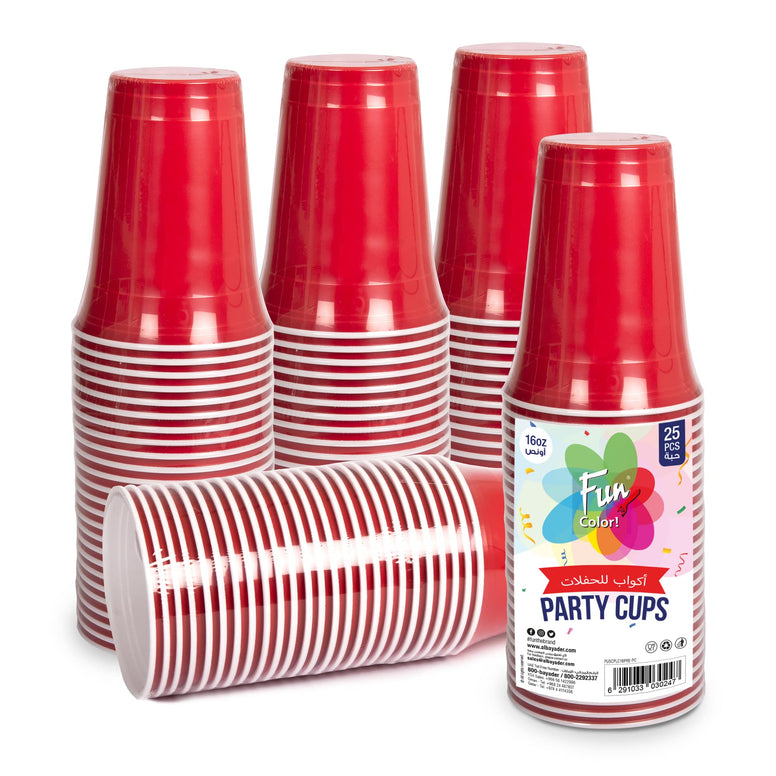 Fun® Plastic Party Cups 16oz - Red Plastic Cups Sturdy Red Plastic Party Cups Birthday Party Cups for All Occasions, 475ml Cups - 25pieces