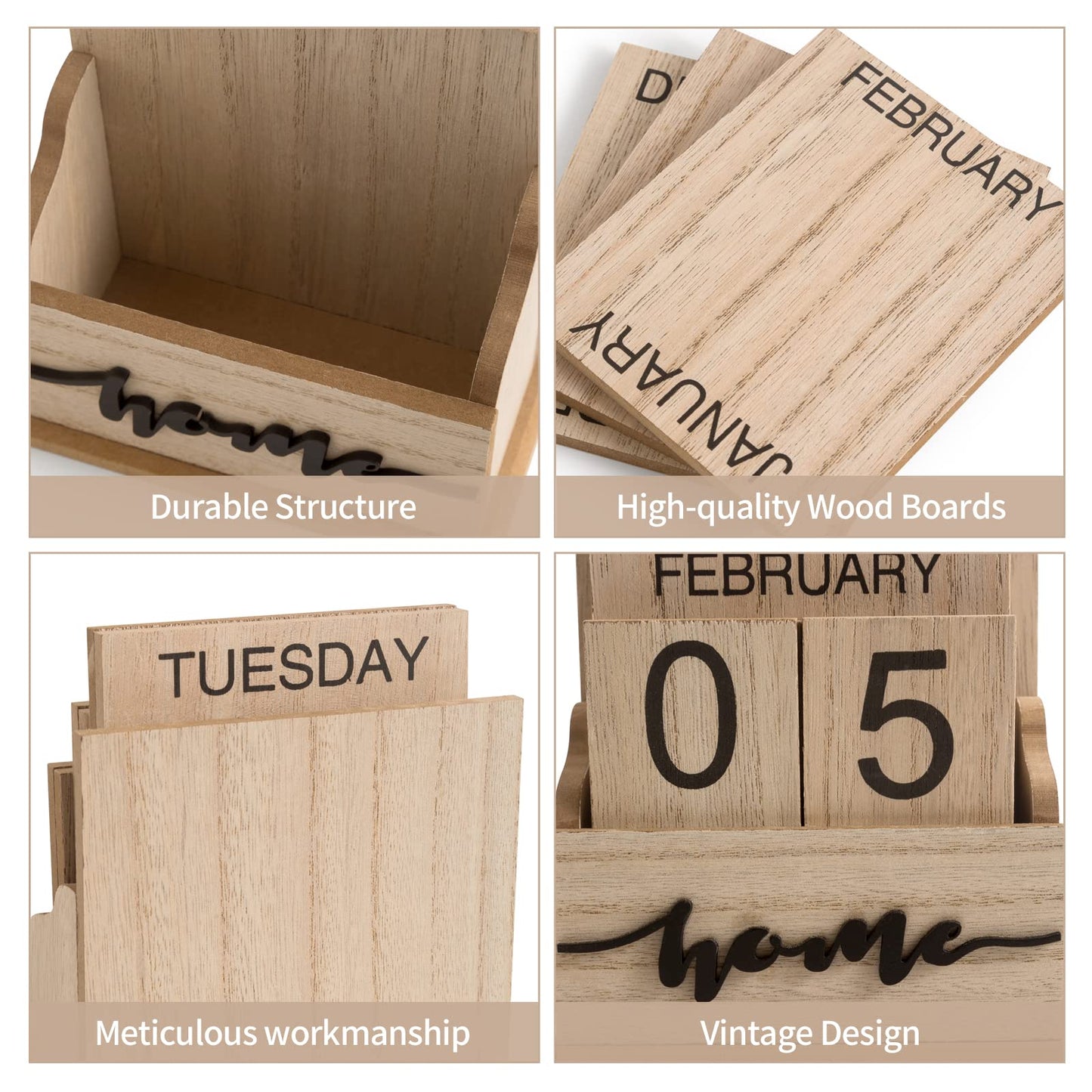 Perpetual Calendar Wooden Blocks Calendar for Home Office Desk Date Week Month Accessories (Natural Wood Calendar)