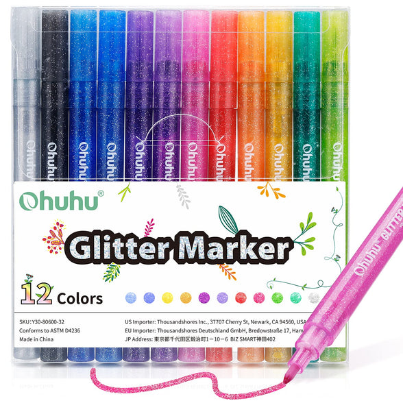 Ohuhu Glitter Markers Pen 12 Glitter Colors Metallic Marker Fine Point Tip Water-based Ink for Kids Adults DIY Crafts Greeting Birthday Cards Making Poster Album Scrapbooking Mugs Wood