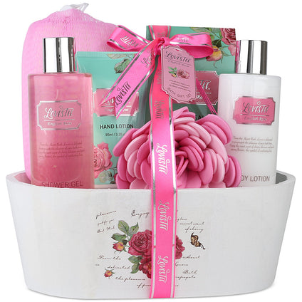 Relaxing Bath Spa Kit For Men, Women and Teens, Gift Set Bath And Body Works- Natural English Rose Aromatherapy Spa Gift Basket Includes Shower Gel, Bubble Bath, Body Lotion, Bath Salt, Sponge