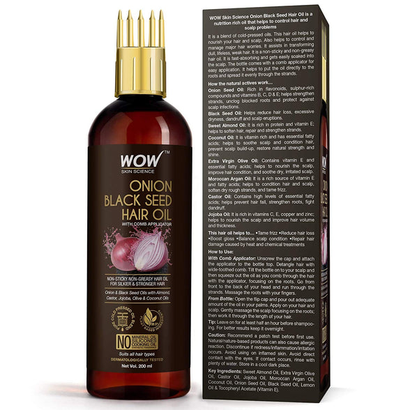 WOW Skin Science Onion Hair Oil for Hair Growth and Hair Fall Control - With Black Seed Oil Extracts - with COMB APPLICATOR - 200 ml