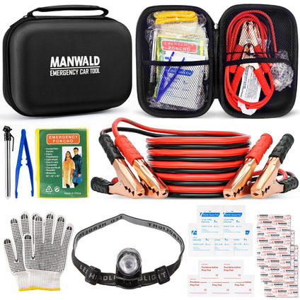 MANWALD Emergency Car Tool Kit Roadside Assistance Tool Kit, Vehicle Safety Tool with Headlamp, Gloves, Jumper Cable Kit, Essential Car Accessories for Men or Women, 9 PCS