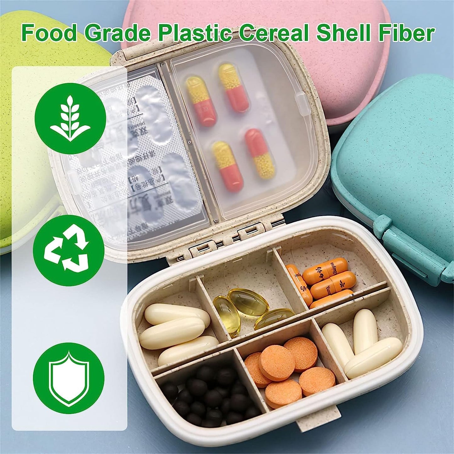 Travel Pill Container, Portable Small Cute Pill Case, 8 Compartment Small Pill Box Daily Pill Organizer for Vitamin, Supplements Storage, White