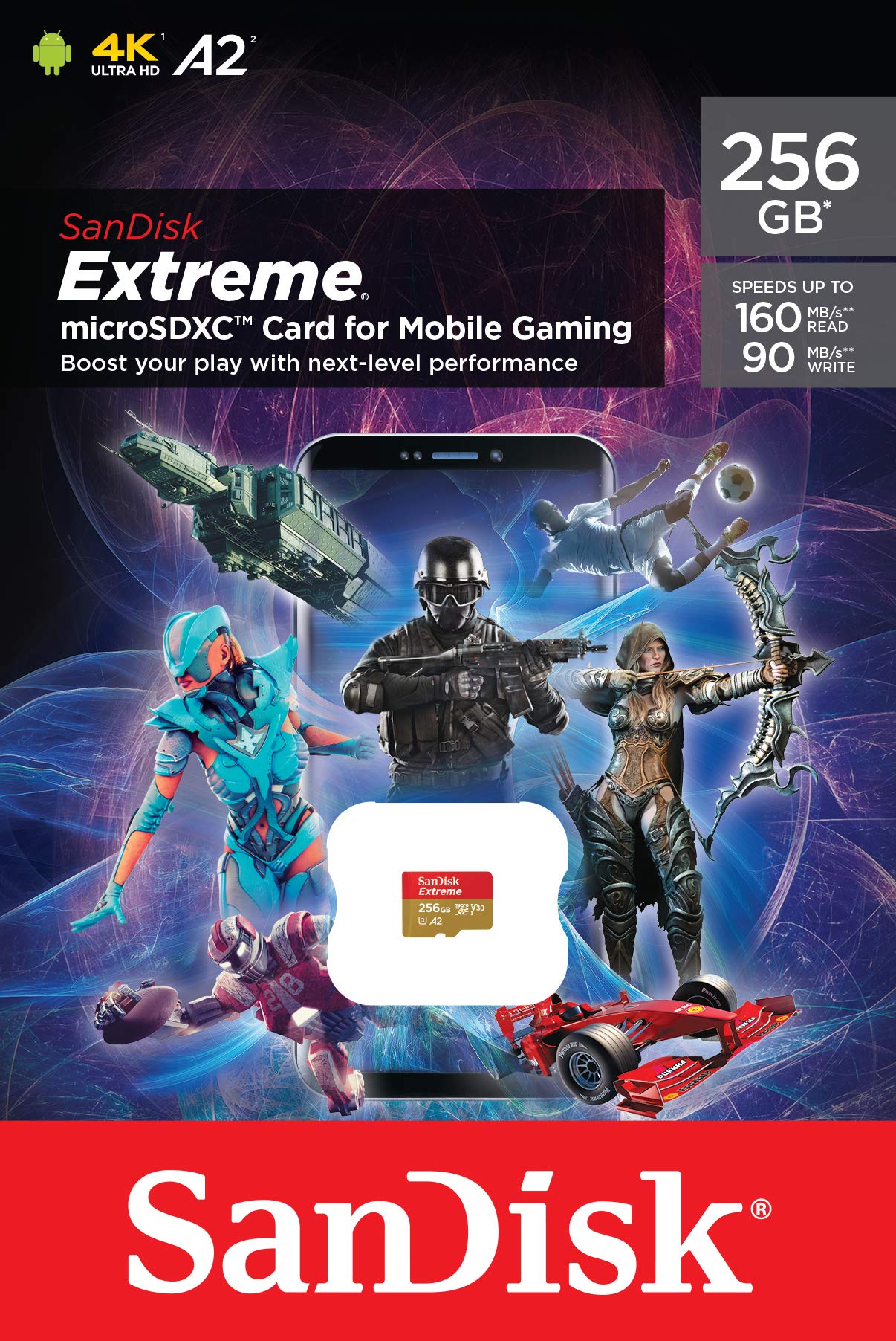 SanDisk 256GB Extreme for Mobile Gaming microSD UHS-I Card - C10, U3, V30, 4K, A2, Micro SD - SDSQXA1-256G-GN6GN