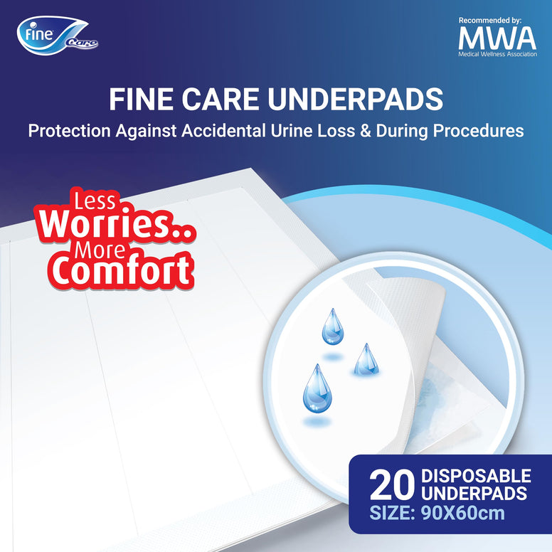 Fine Care Underpads, Disposable And Highly Absorbent, Ultrasoft Cloth-Like Top, Size 60 X 90 cm, Pack Of 20