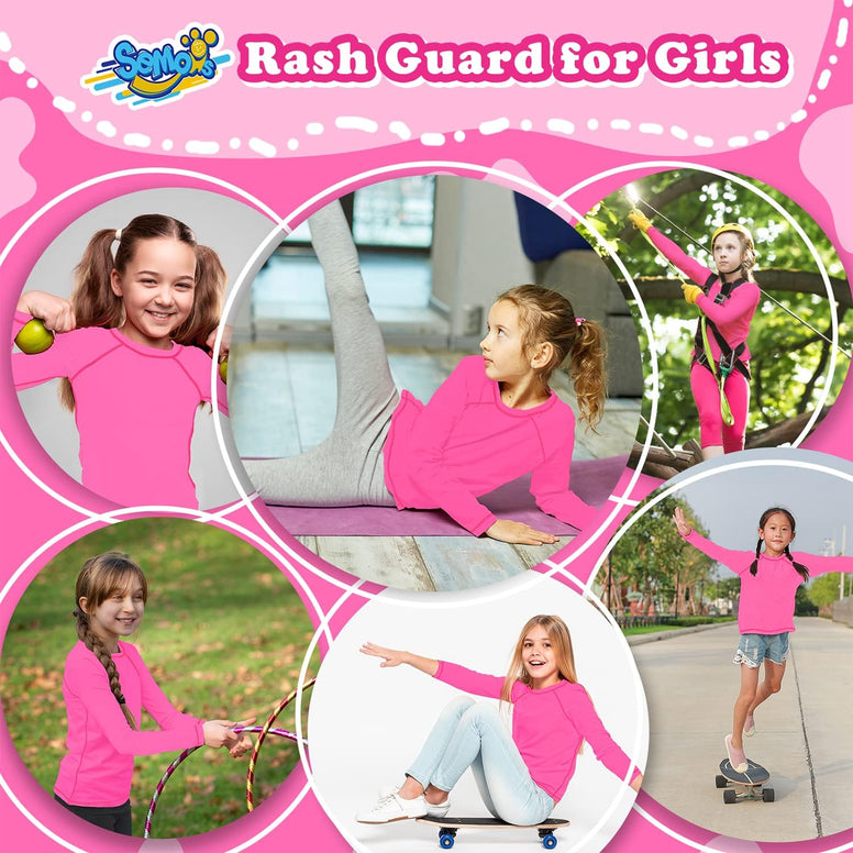 Girls Rash Guard Neon Pink Swim Shirt Long Sleeve for Toddler Kids Rashguard Water Shirt UPF+ 50 Swimming Sun Shirt Swimwear