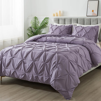 Andency Grayish Purple Pinch Pleated Comforter Queen(90x90Inch), 3 Pieces Pintuck Soft Microfiber Down Alternative Lightweight Comforter Bedding Set(1 Pintuck Comforter and 2 Pillowcases)