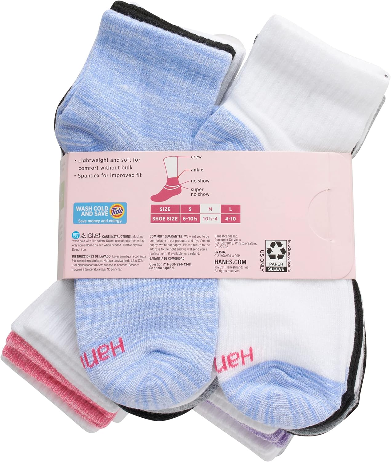 Hanes girls Lightweight Stretch Ankle Socks Super Value Pack, Assorted Multi-color 20-pair Pack, Large Socks (pack of 20)