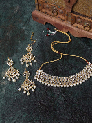 Shining Diva Latest Choker Design Traditional Kundan Earrings Maang Tikka Necklace Jewellery Set for Women (White) (11299s)