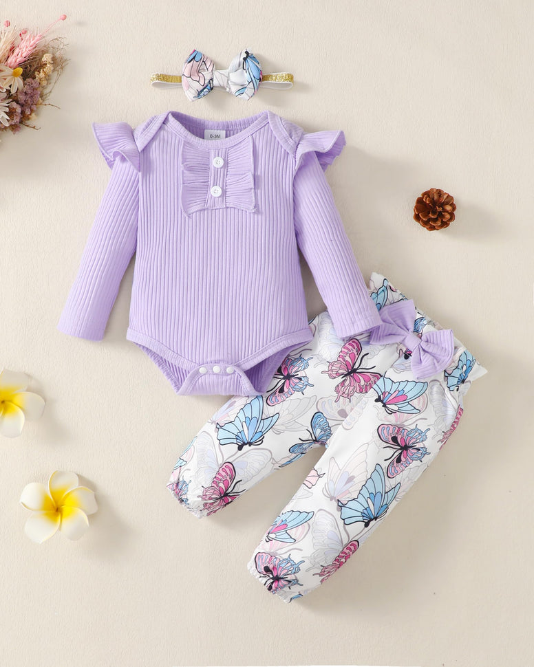 Newborn Baby Girl Clothes Fall Winter Infant Girl Outfits Ruffle Long Sleeve Ribbed Romper Top Long Floral Pants Clothes Sets 3-6 Months