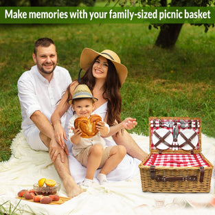 Deluxe Four-Person Picnic Hamper: Vintage-Style Insulated Cooler, Wine Holders, Full Service Dining Set, Red Willow Basket - Ideal for Couples, Families & Outdoor Gatherings