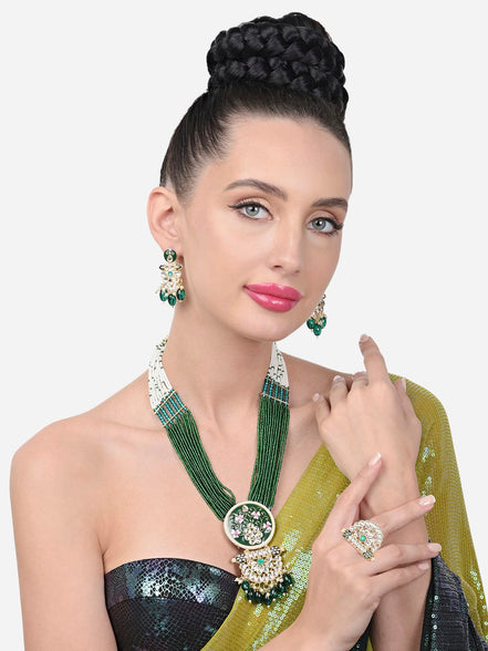 Zaveri Pearls Green Pink Meenakari Multistrand Beaded Long Kundan Necklace Earring & Ring Set For Women-ZPFK15624