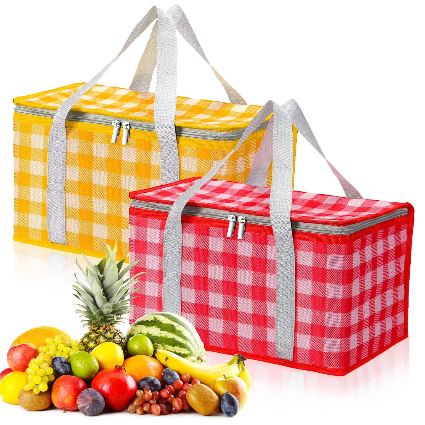 2 Pcs Insulated Picnic Bag Reusable Cooler Bags Food Dilivery Bags Grocery Shopping Beach Bag Leakproof Foldable Picnic Basket with Zippered Top for Picnic Travel Beach Outdoor Hot Cold (Red, Yellow)