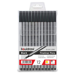 Liquidraw 12 Black Fineliner Pens Set Fine Point Pens 0.4mm Fineliners Black Coloured Pens For Artists, Architects, Technical Drawing, Handwriting, Calligraphy, Sketching, & Illustrations