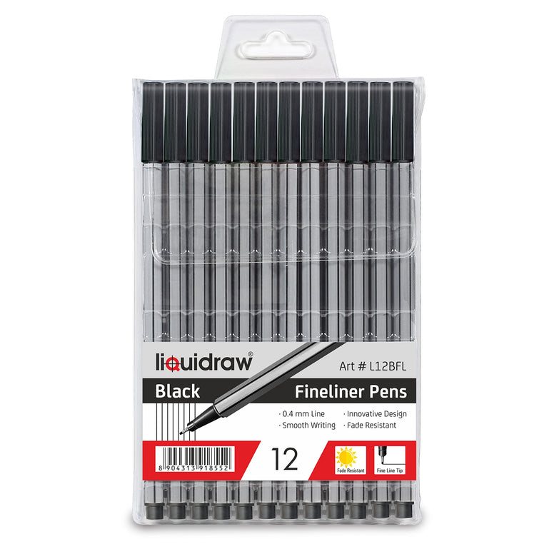 Liquidraw 12 Black Fineliner Pens Set Fine Point Pens 0.4mm Fineliners Black Coloured Pens For Artists, Architects, Technical Drawing, Handwriting, Calligraphy, Sketching, & Illustrations