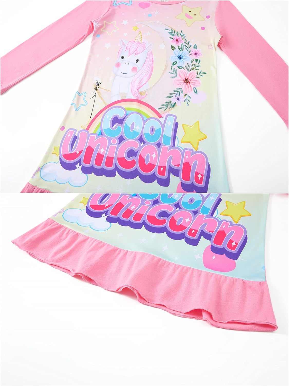 LOLPIP Girls Nightgowns 2-Pack Long Sleeves Kids Unicorn Cartoon Cotton Casual Dresses Children Size Large,6-7 Years