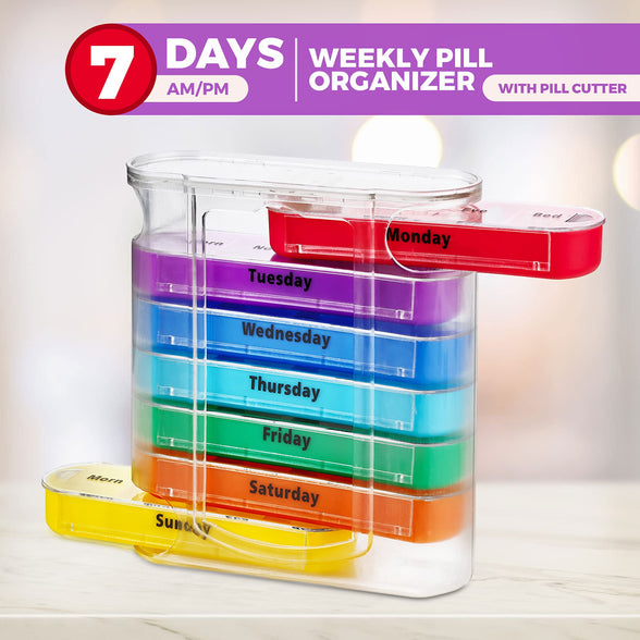 Weekly Pill Organizer with Pill Cutter - V-Grip Pill Splitter Stackable Pill Medicine, Vitamin Organizer with 4 Times-a-Day Daily Compartments, Pill Reminder with Stackable AM/PM Boxes